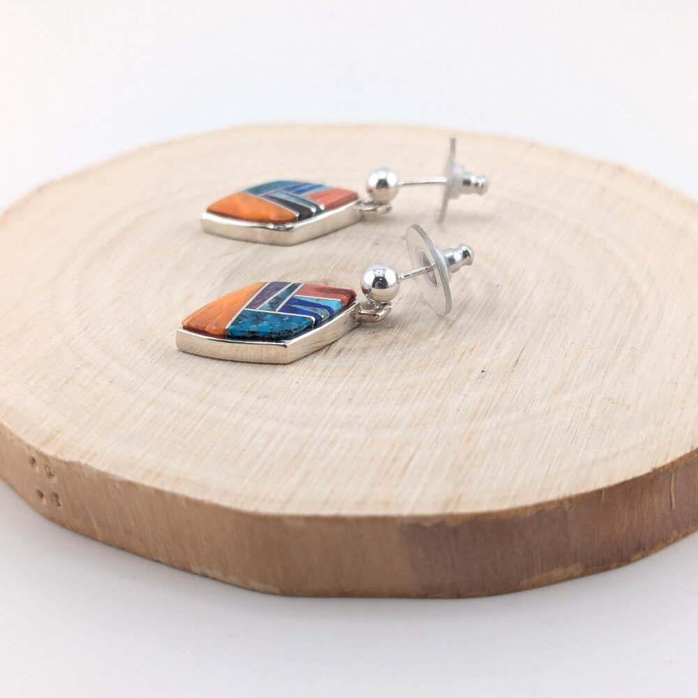 Handcrafted Navajo Multi Stone Inlay Dangle Sterl… - image 5